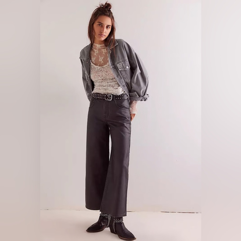 We The Free Misha Black Vegan Leather Wide Barrel Pants 27